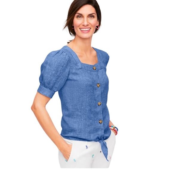 TALBOTS LINEN TIE WAIST TOP - CROSS DYE SIZE XS - Picture 3 of 6